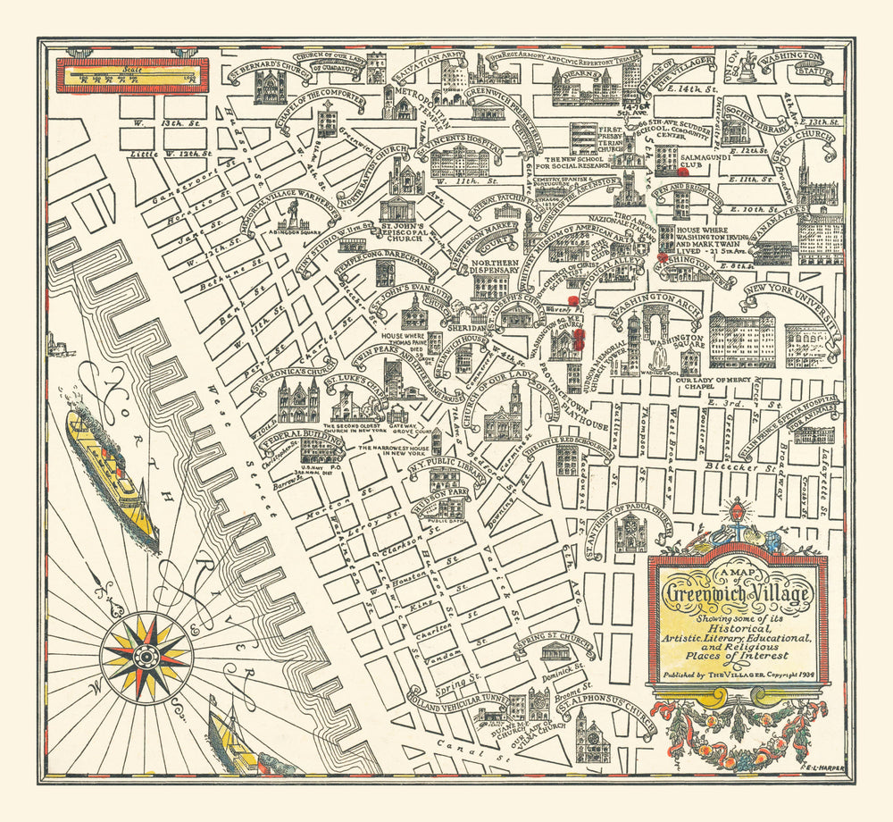 Vintage Map of Greenwich Village, New York 1934 print style example