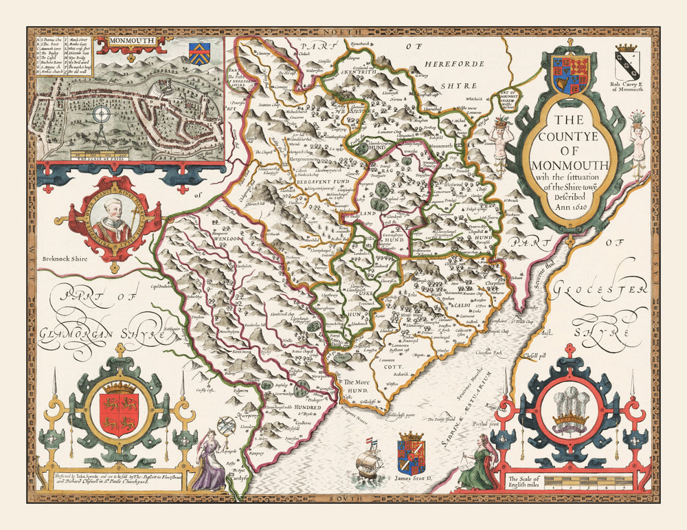 Vintage Monmouthshire Map 1676 print style example