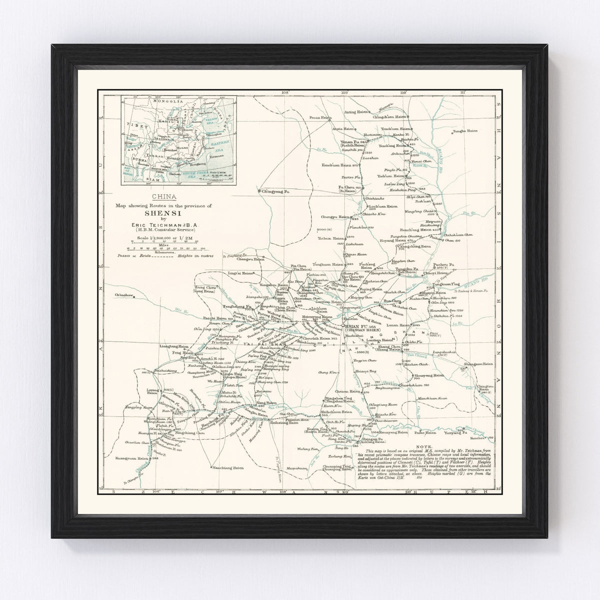 Shaanxi, China Vintage Map 1918