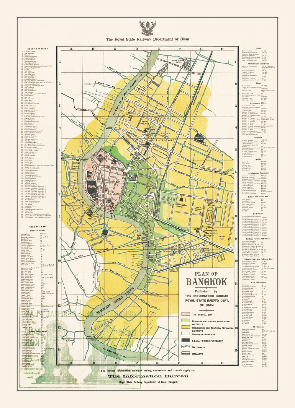 Vintage Map of Bangkok, Thailand 1928 print style example