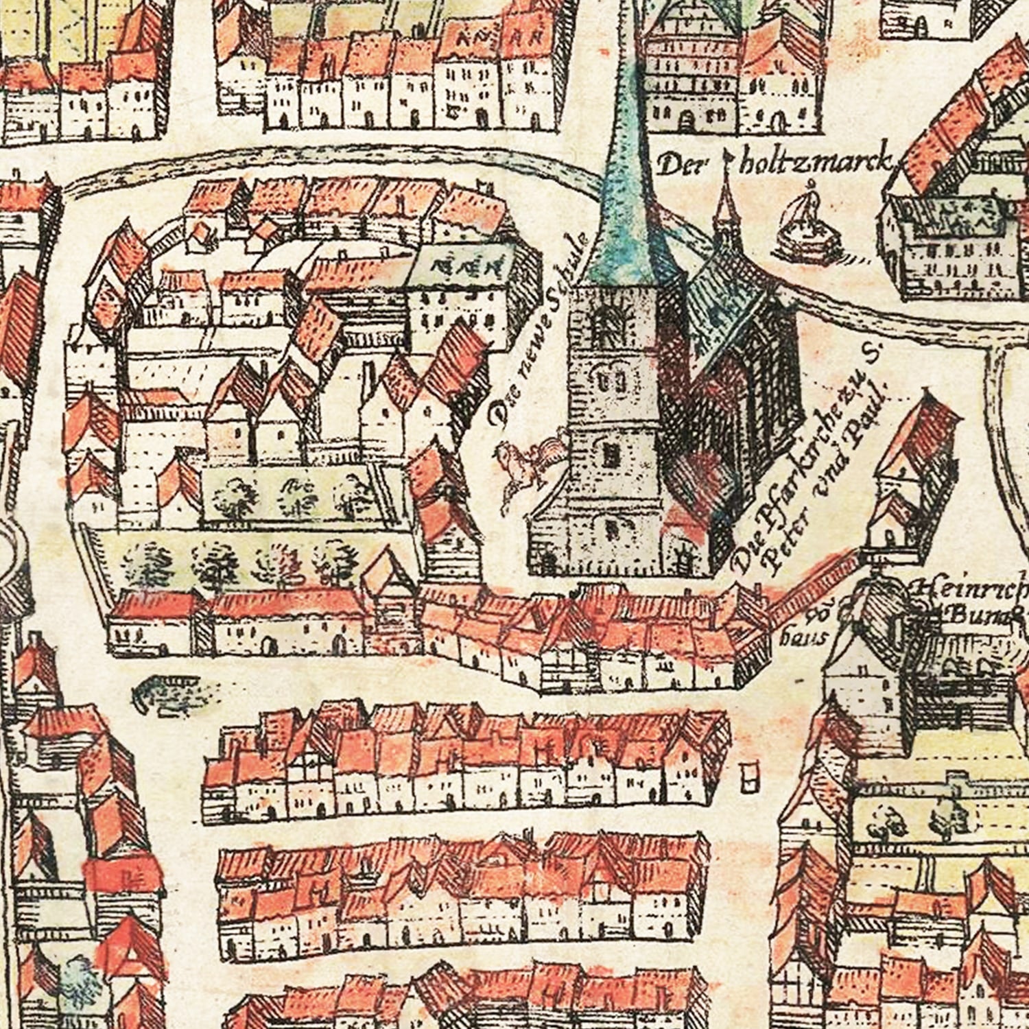 Restored historic details from the 1582 city map of Weimar