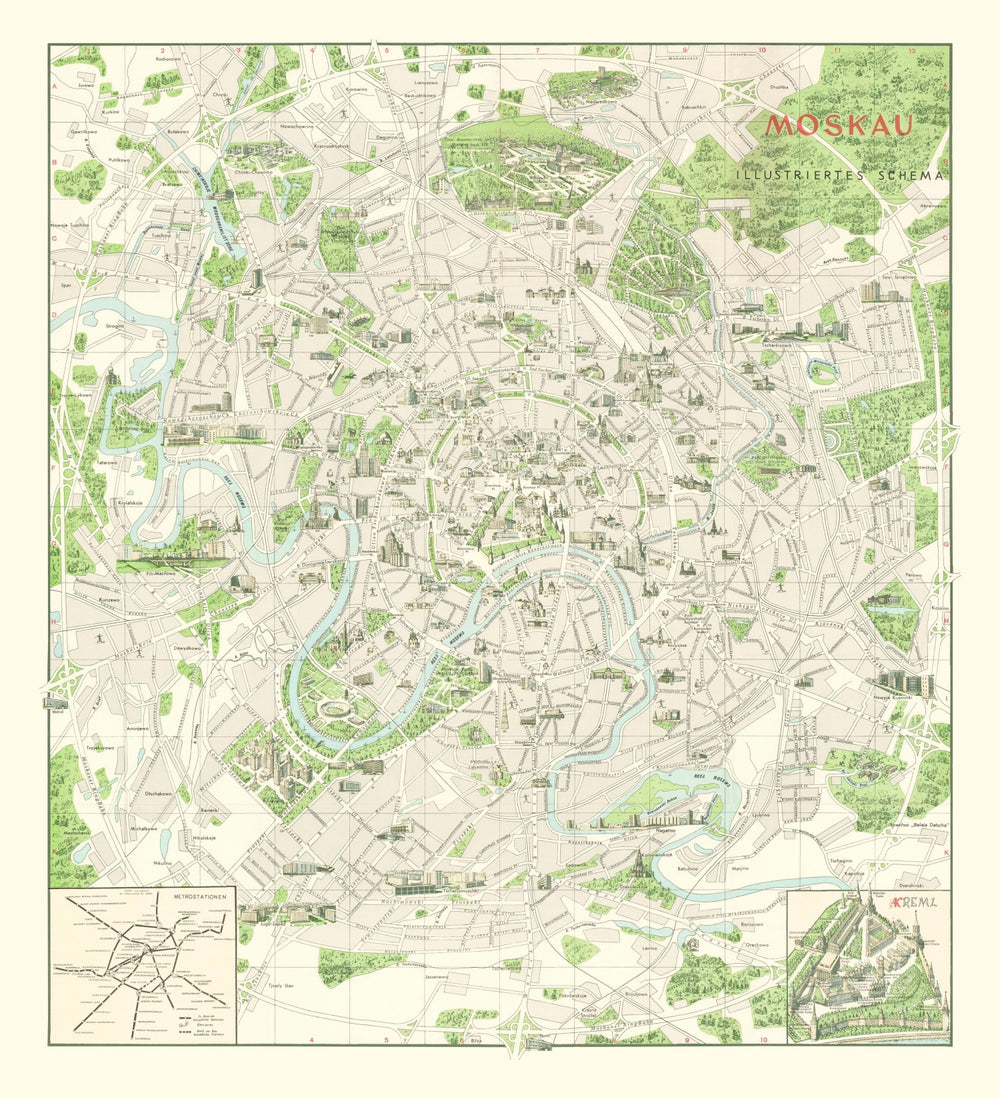 Vintage Map of Moscow, Russia 1968 print style example