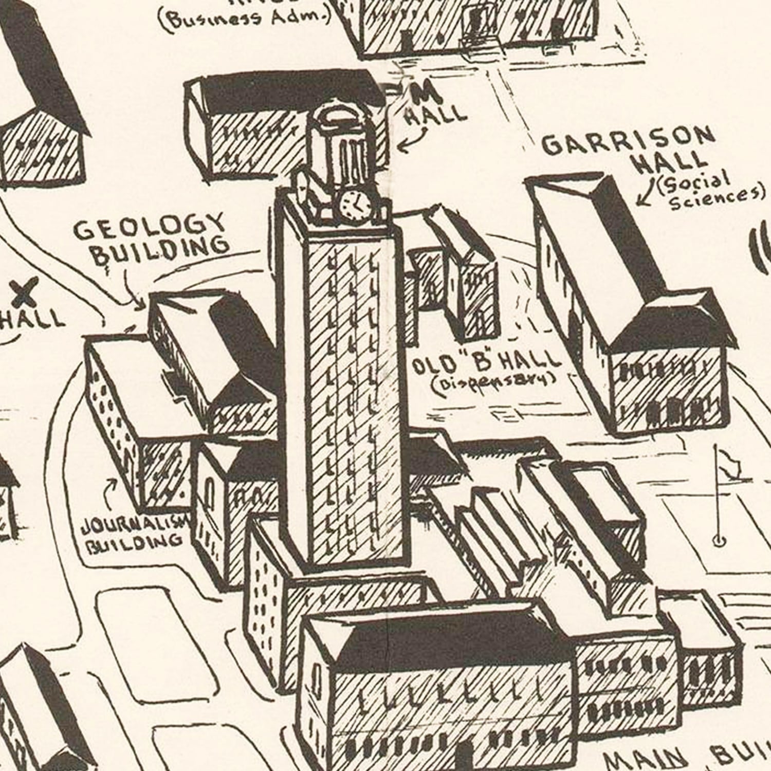 Restored historic details from the 1945 university map of Austin, Texas