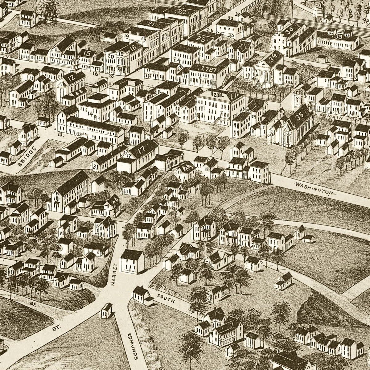 Restored historic details from the 1891 city map of Bedford City, Virginia