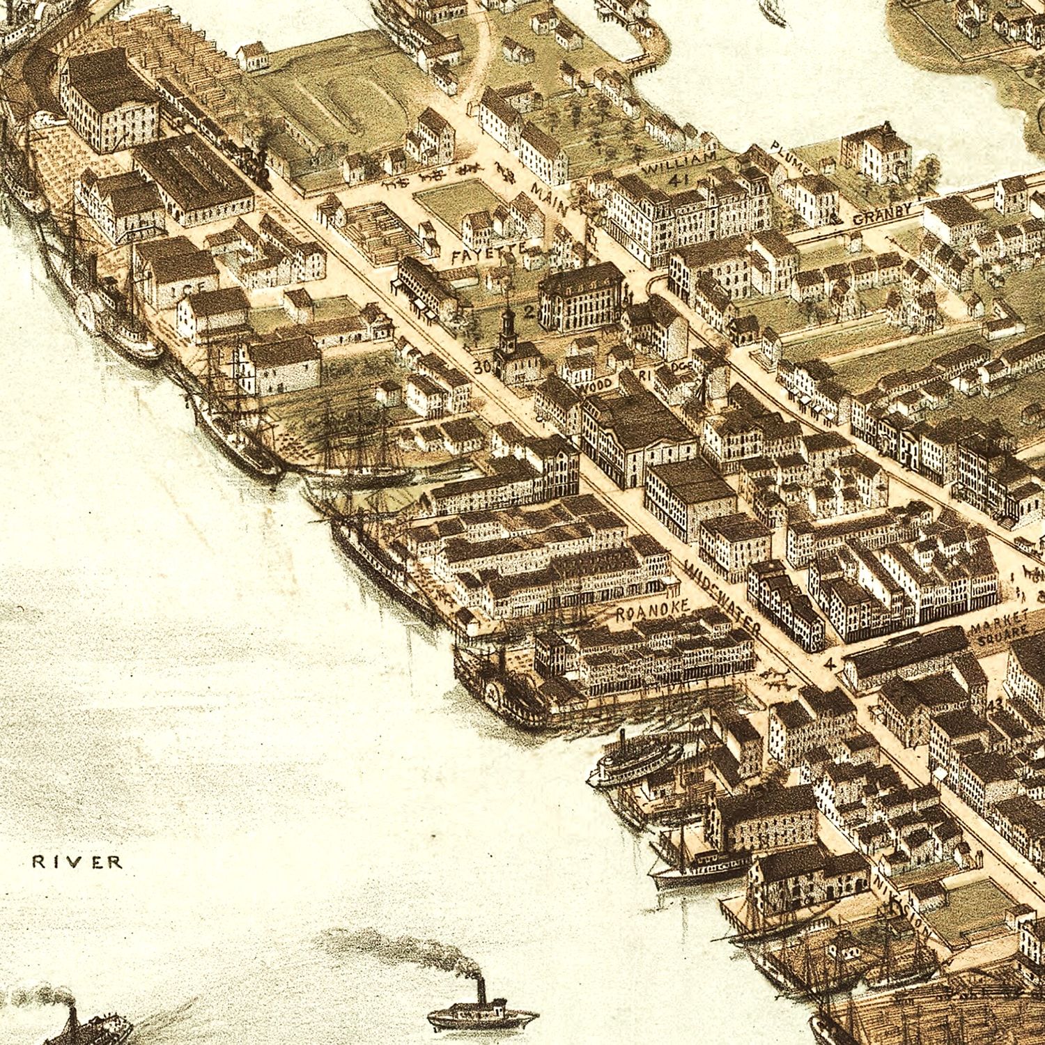 Restored historic details from the 1873 city map of Norfolk, Virginia