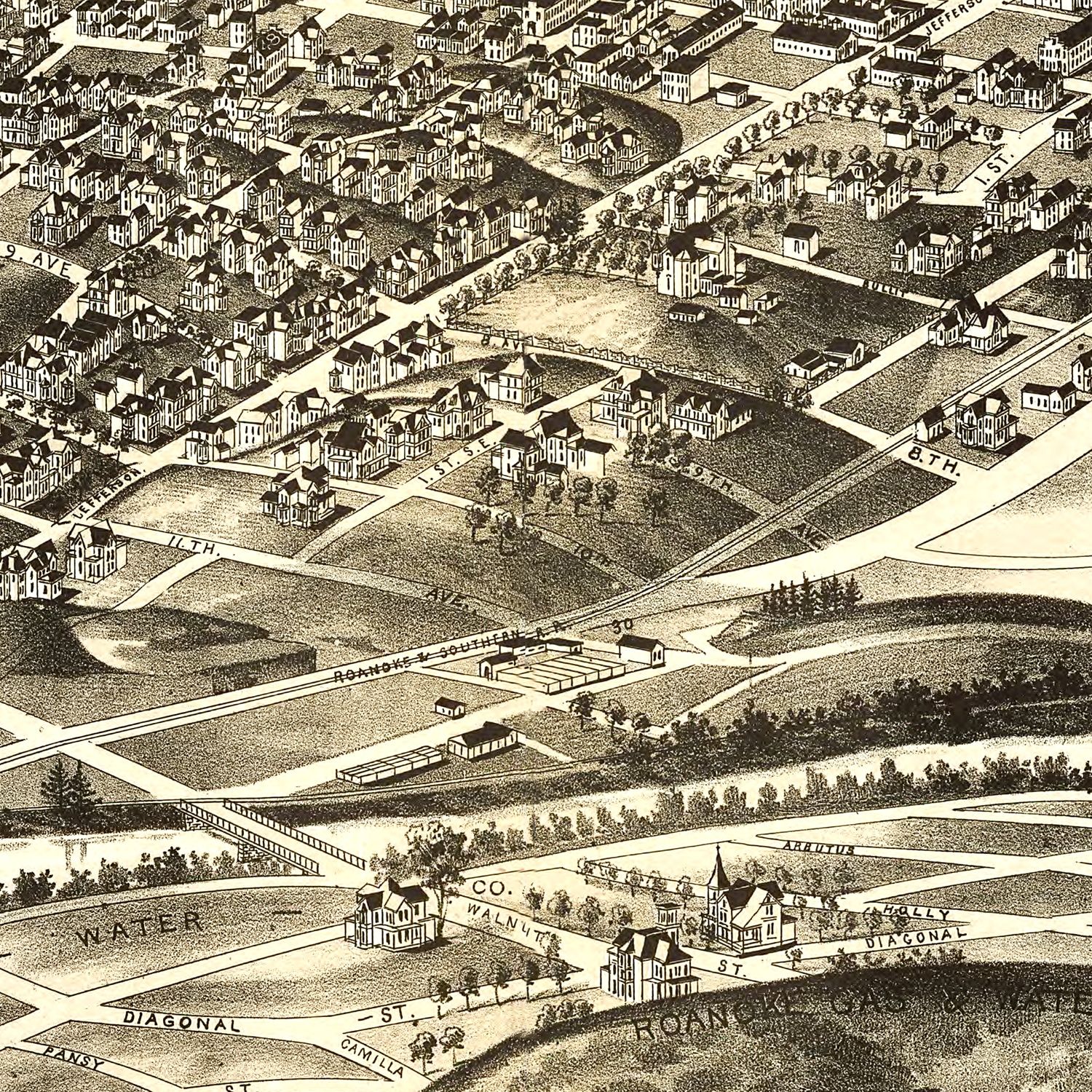 Restored historic details from the 1891 city map of Roanoke, Virginia