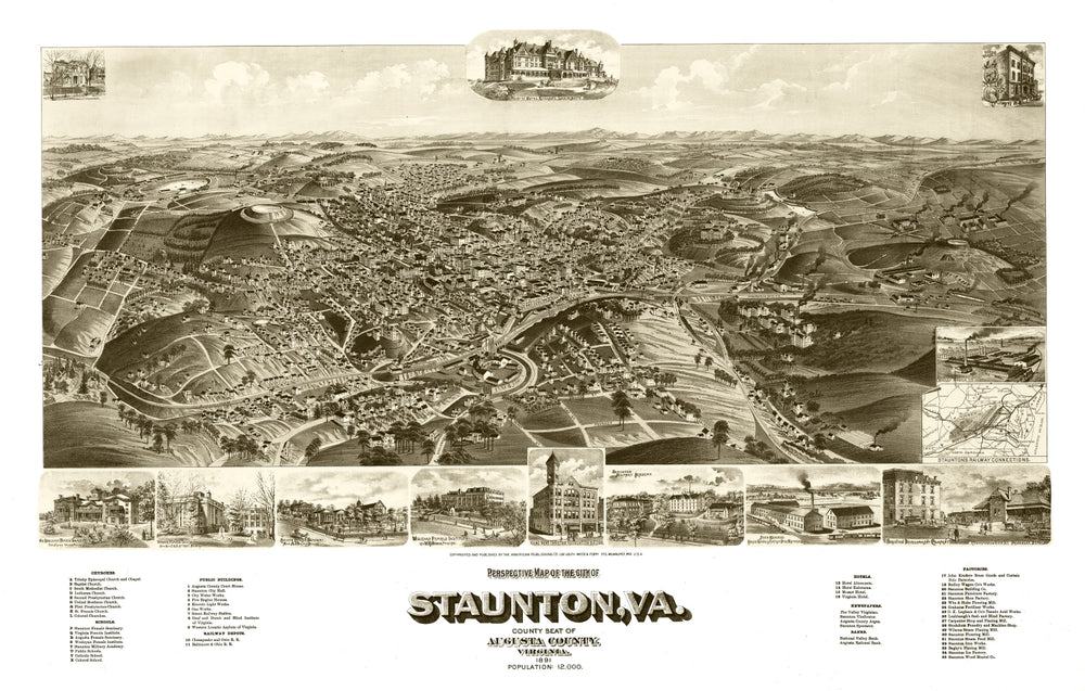 Vintage Map of Staunton, Virginia 1891 print style example