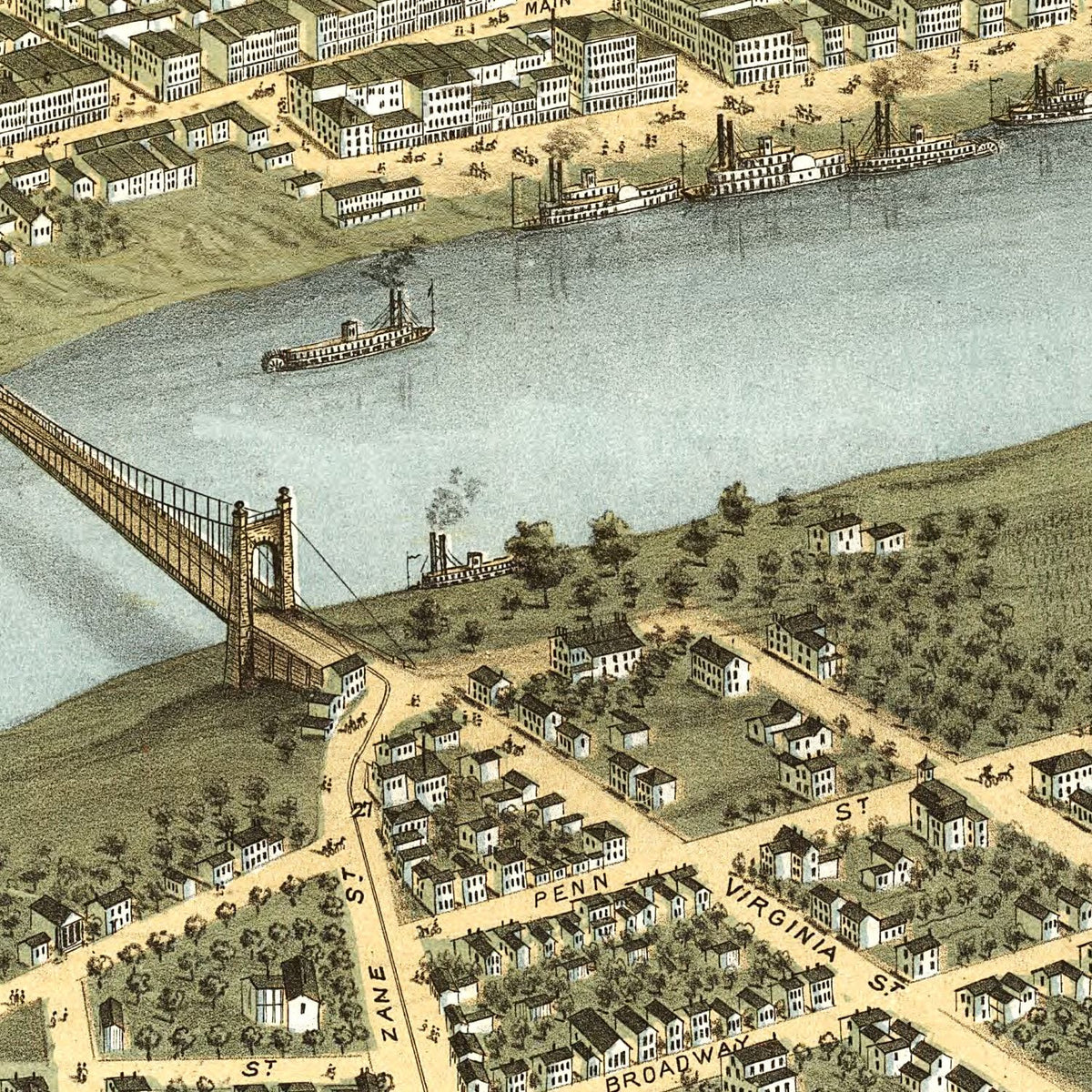 Restored historic details from the 1870 city map of Wheeling, West Virginia