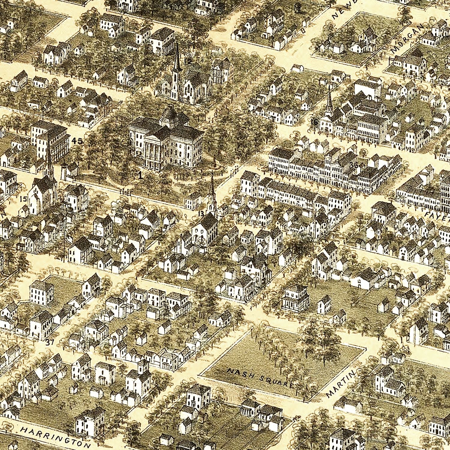 Restored historic details from the 1872 city map of Raleigh, North Carolina