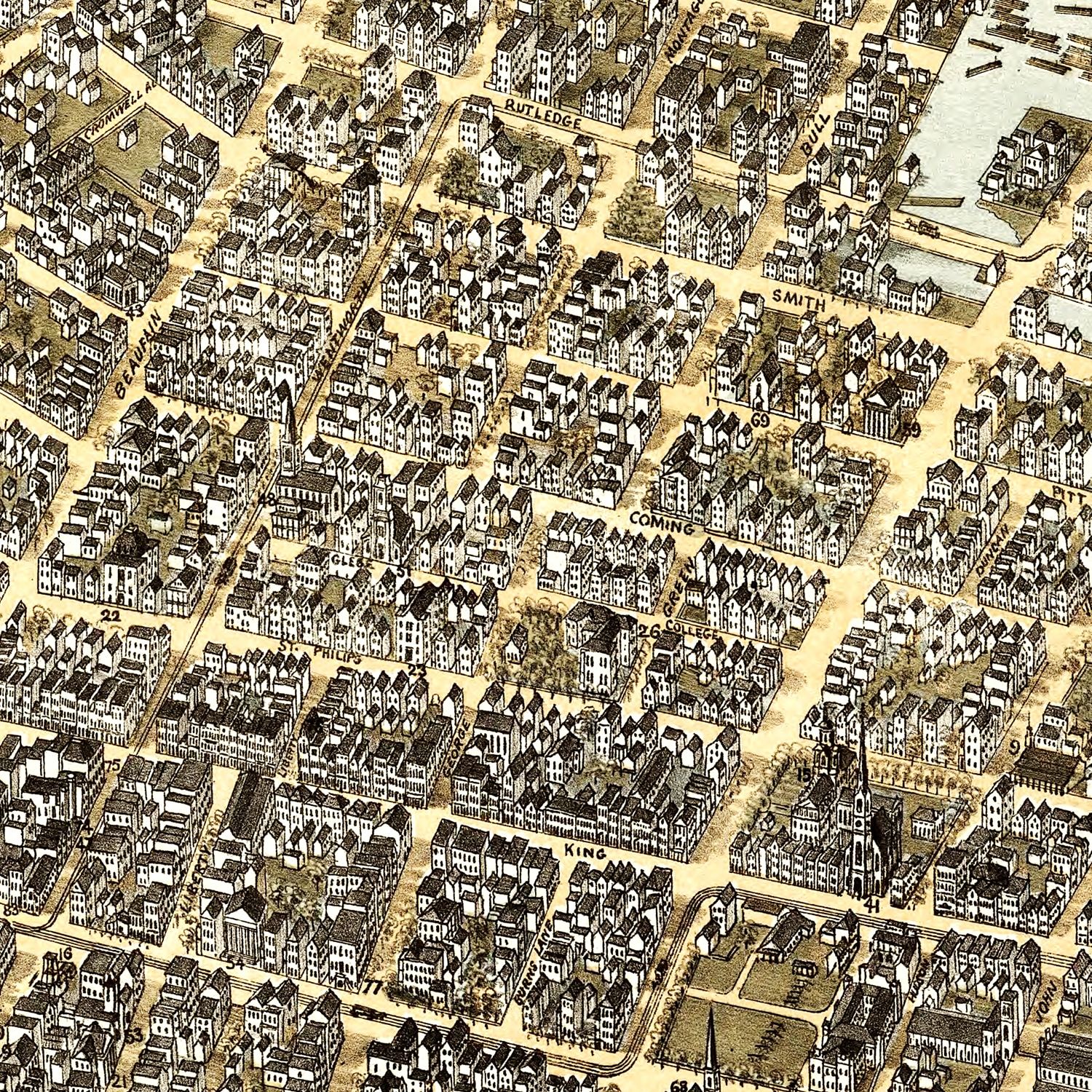 Restored historic details from the 1872 city map of Charleston, South Carolina