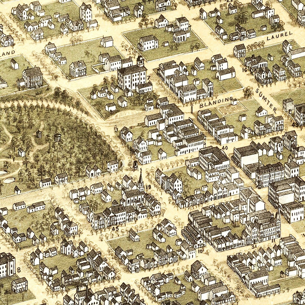 Restored historic details from the 1872 city map of Columbia, South Carolina