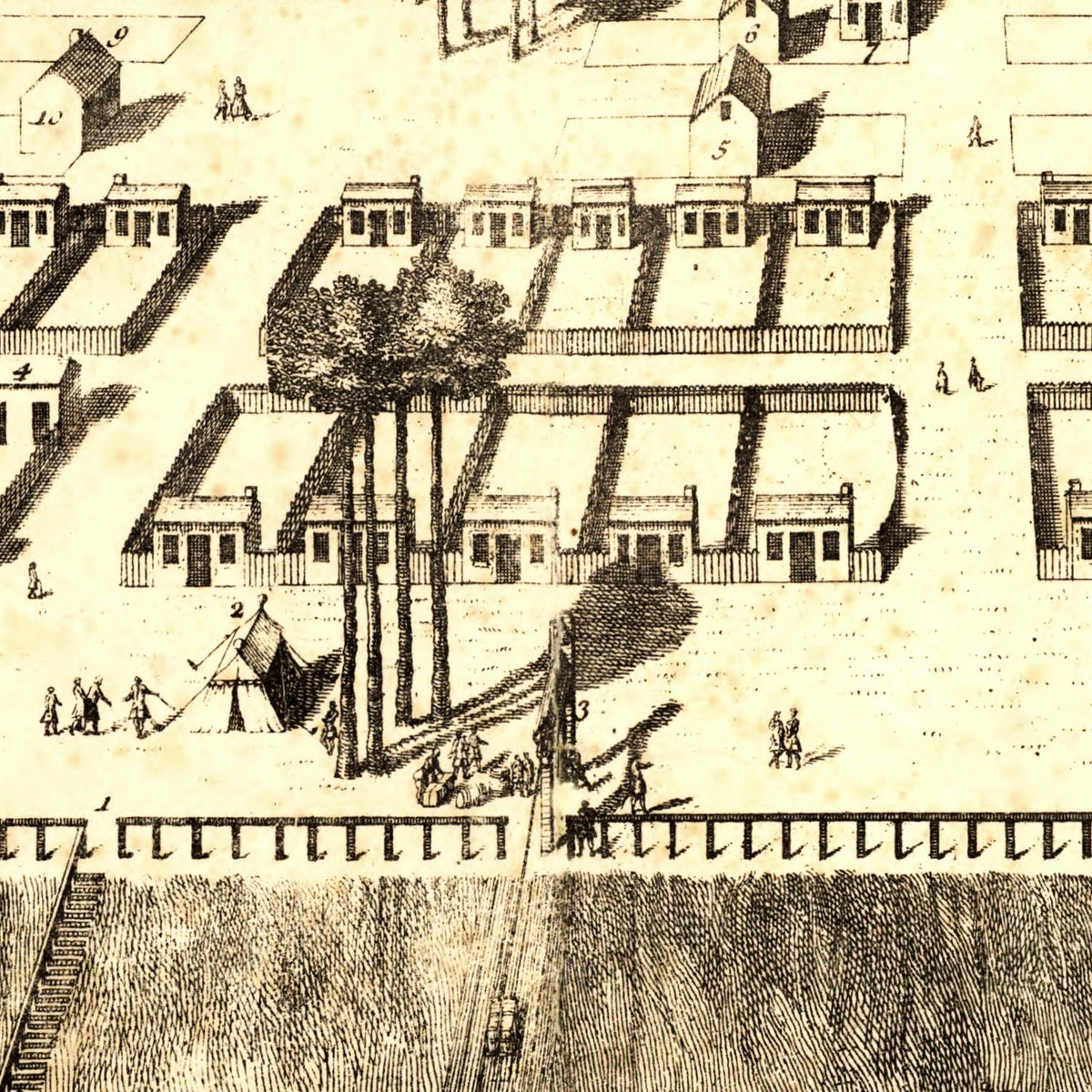 Restored historic details from the 1734 city map of Savannah, Georgia