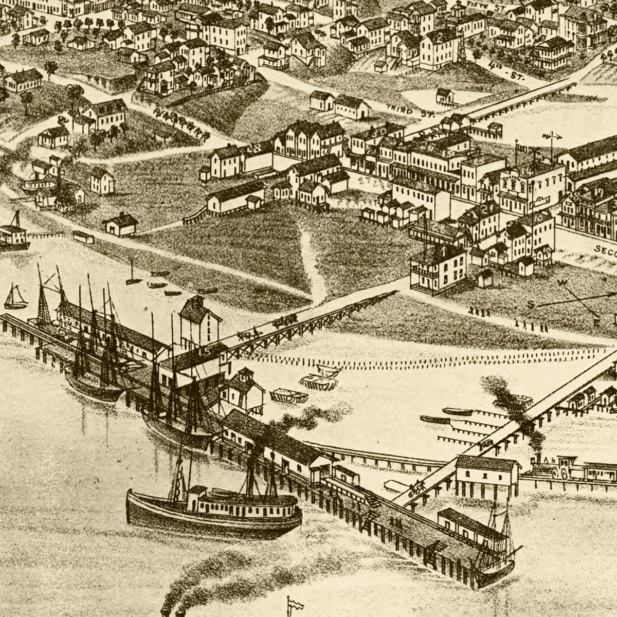 Restored historic details from the 1884 city map of Cedar Key, Florida