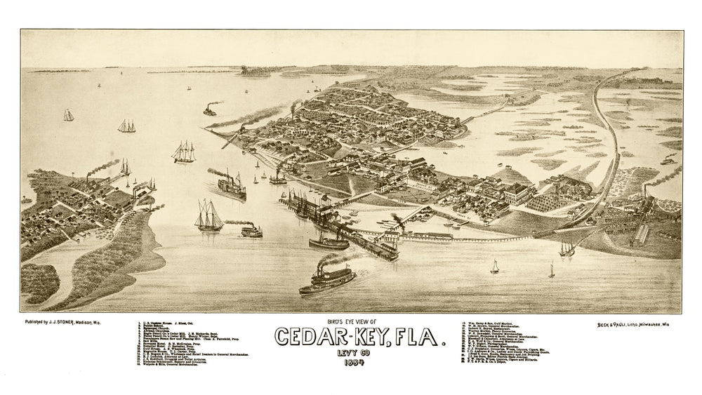 Vintage Map of Cedar Key, Florida 1884 print style example