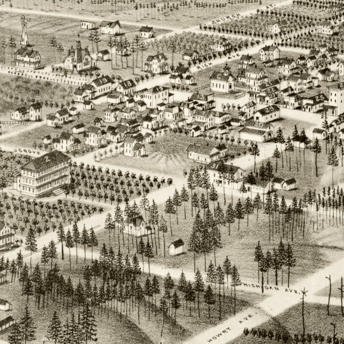 Restored historic details from the 1884 city map of De Land, Florida
