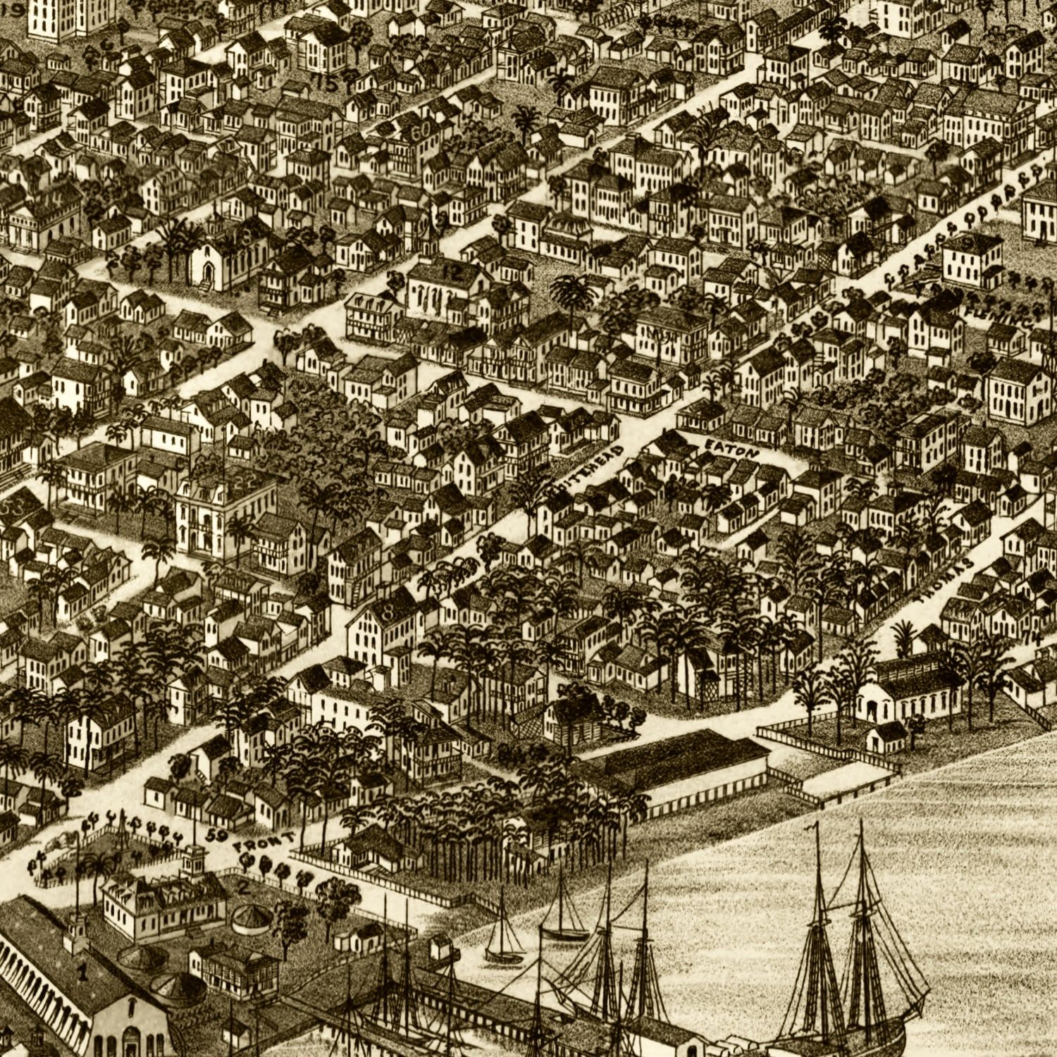 Restored historic details from the 1884 city map of Key West, Florida