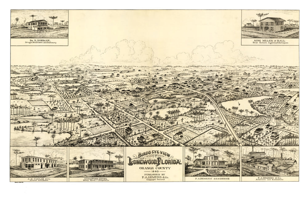 Vintage Map of Longwood, Florida 1885 print style example