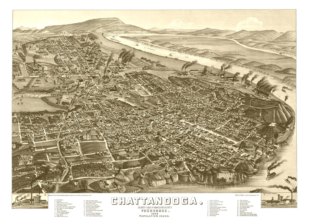 Vintage Map of Chattanooga, Tennessee 1886 print style example