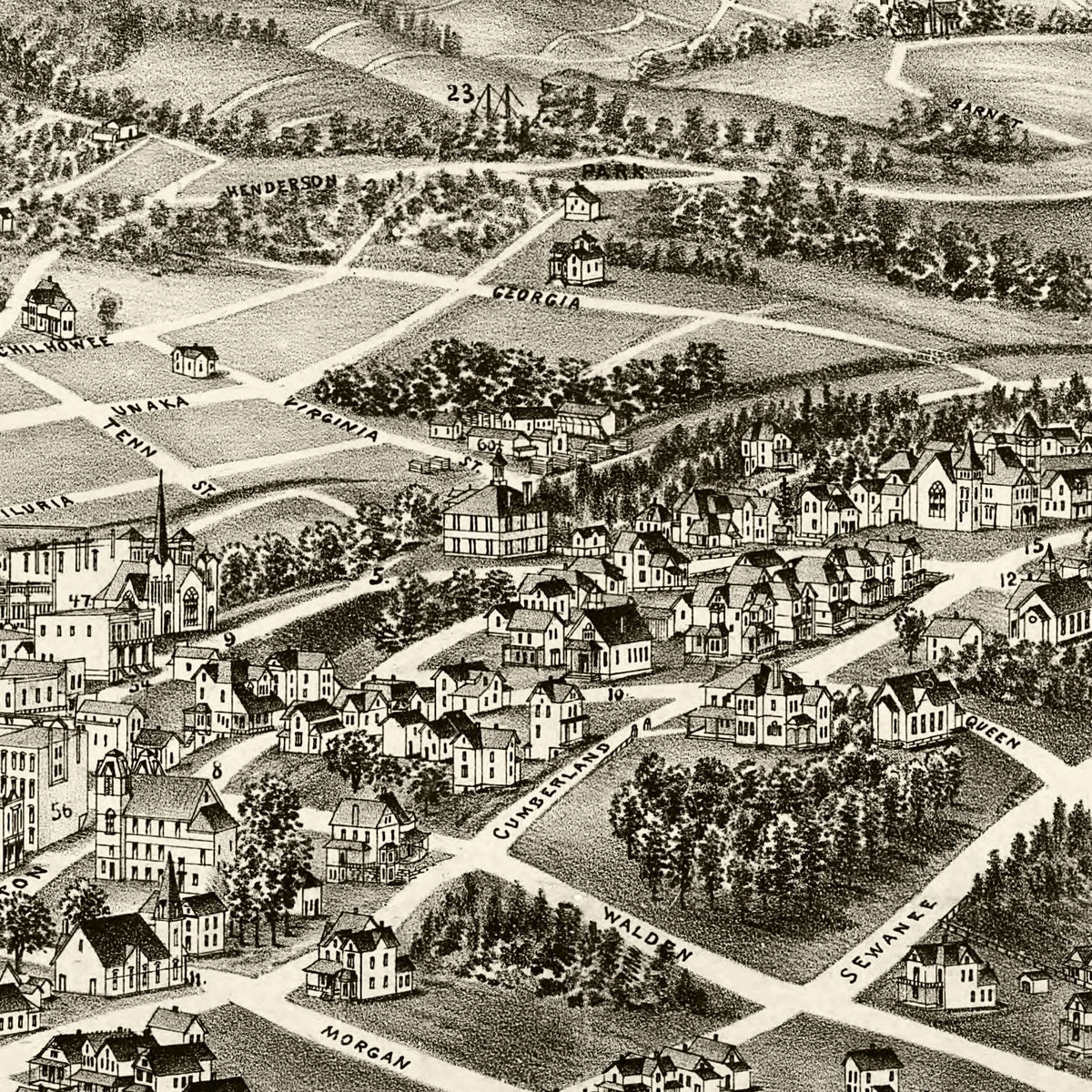 Restored historic details from the 1892 city map of Harriman, Tennessee