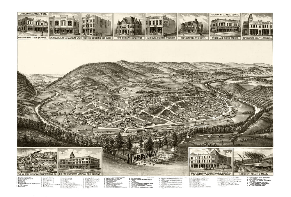 Vintage Map of Harriman, Tennessee 1892 print style example