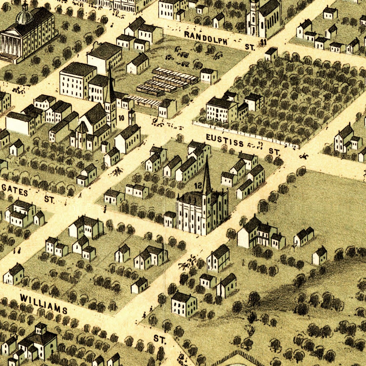 Restored historic details from the 1871 city map of Huntsville, Alabama