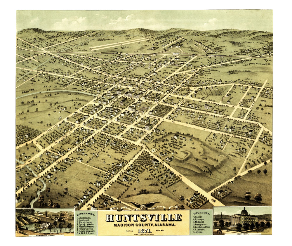 Vintage Map of Huntsville, Alabama 1871 print style example
