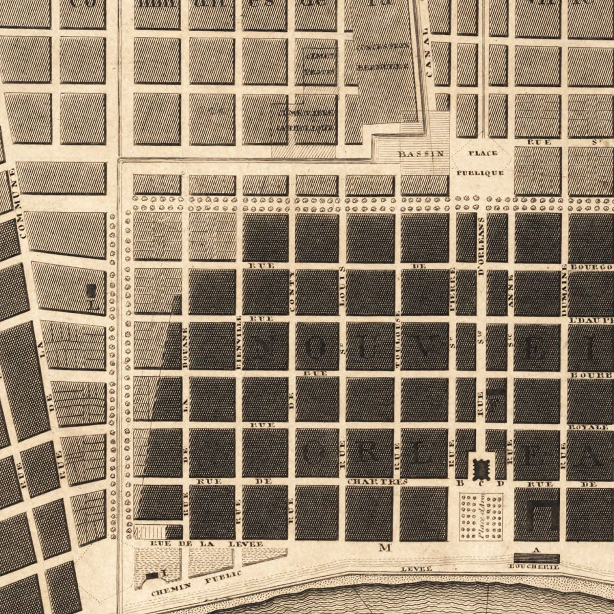 Restored historic details from the 1817 city map of New Orleans, Louisiana