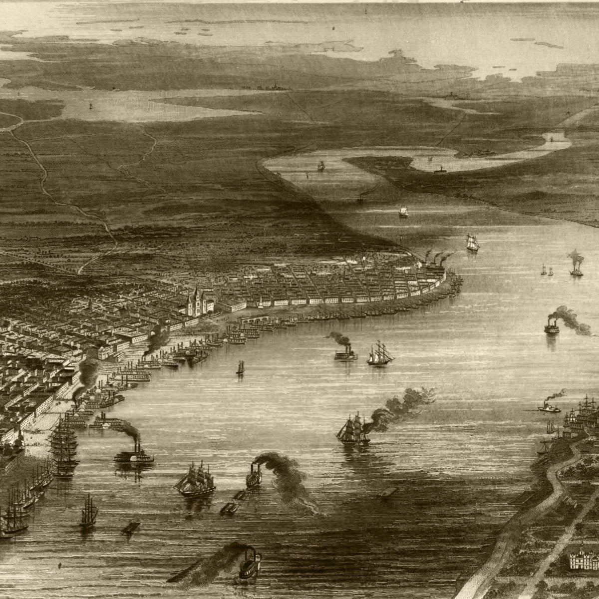 Restored historic details from the 1863 city map of New Orleans, Louisiana