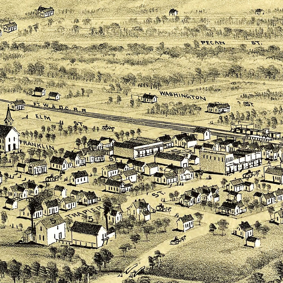 Restored historic details from the 1890 city map of Alvord, Texas
