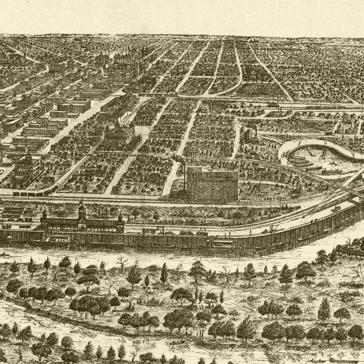 Restored historic details from the 1892 city map of Dallas, Texas