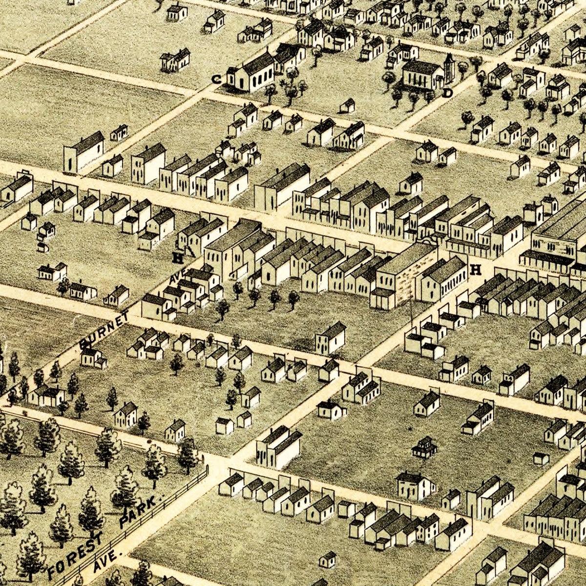 Restored historic details from the 1876 city map of Denison, Texas