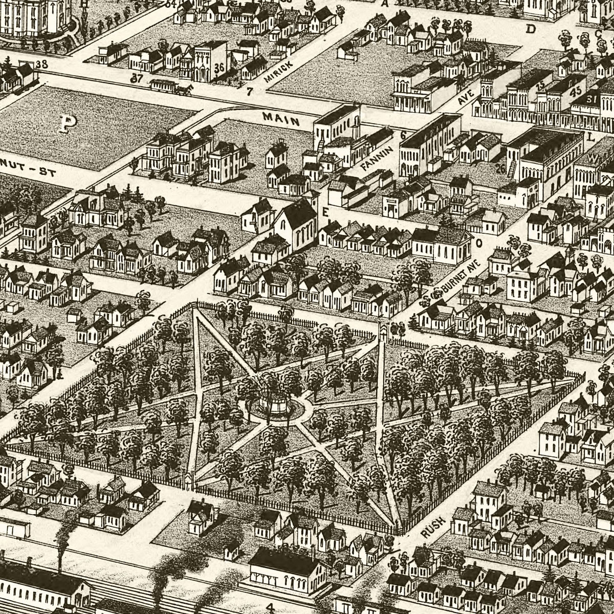 Restored historic details from the 1886 city map of Denison, Texas