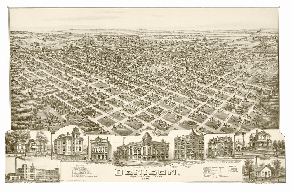 Vintage Map of Denison, Texas 1891 print style example