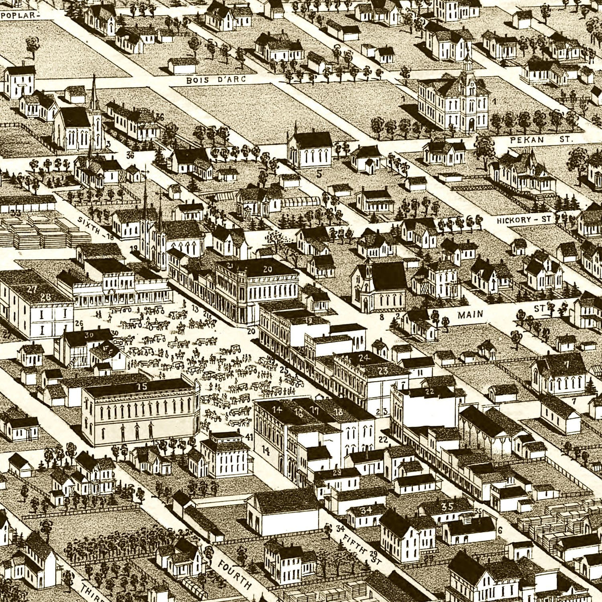 Restored historic details from the 1885 city map of Hone Grove, Texas