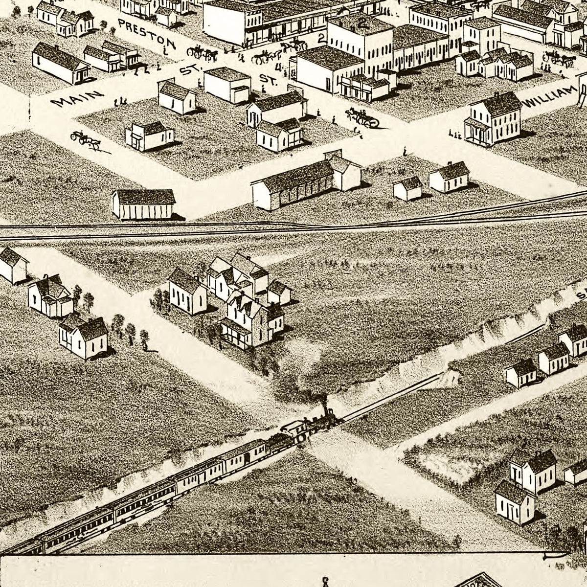Restored historic details from the 1891 city map of Wolfe City, Texas