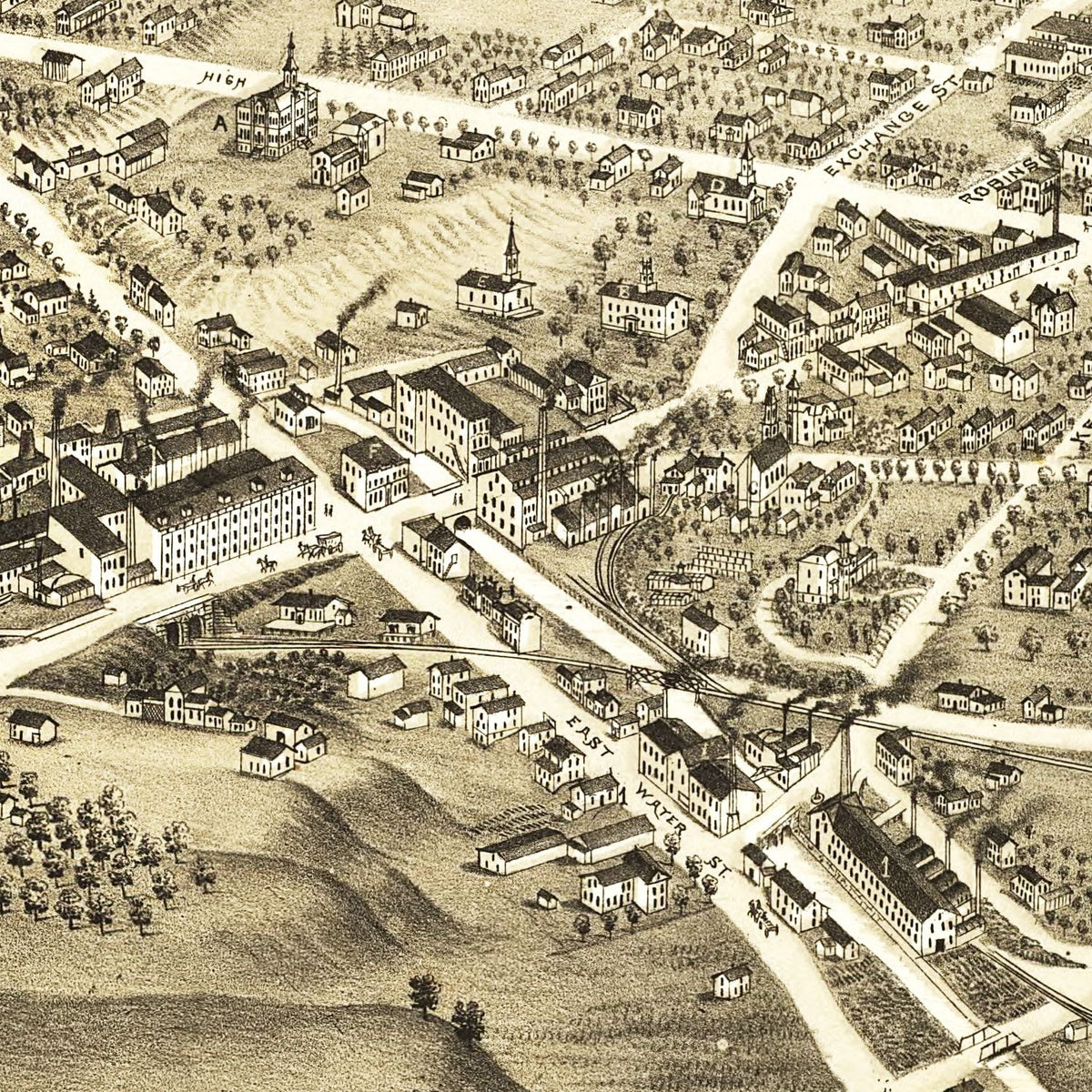 Restored historic details from the 1882 city map of Akron, Ohio