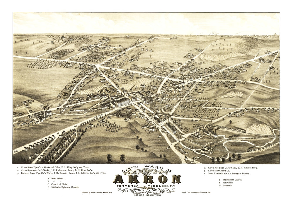 Vintage Map of Akron, Ohio 1882 print style example
