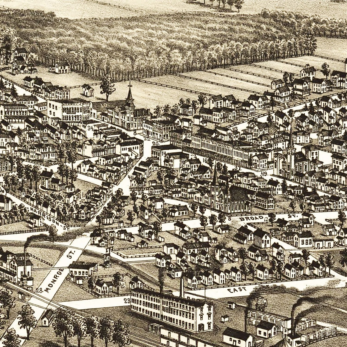 Restored historic details from the 1880 city map of Bellevue, Ohio