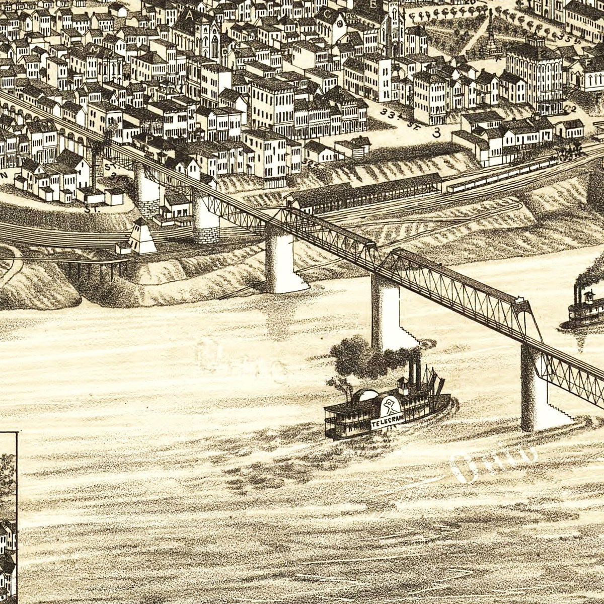 Restored historic details from the 1882 city map of Bellaire, Ohio