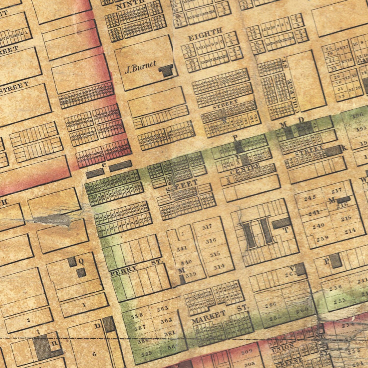Restored historic details from the 1838 city map of Cincinnati, Ohio