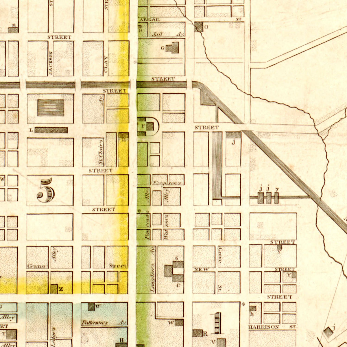 Restored historic details from the 1841 city map of Cincinnati, Ohio