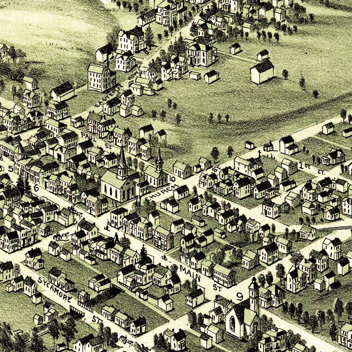 Restored historic details from the 1899 city map of Woodsfield, Ohio
