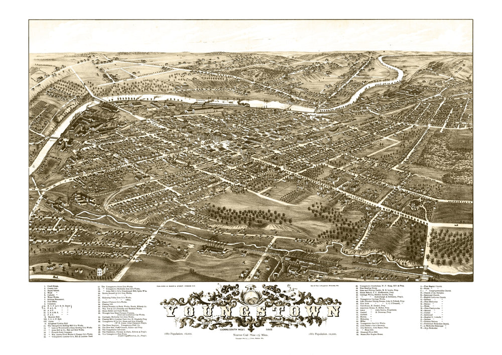 Vintage Map of Yougstown, Ohio 1882 print style example