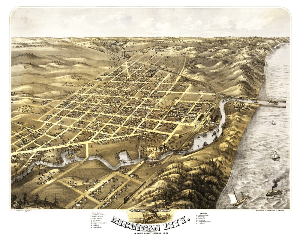 Vintage Map of Michigan City, Indiana 1869 print style example