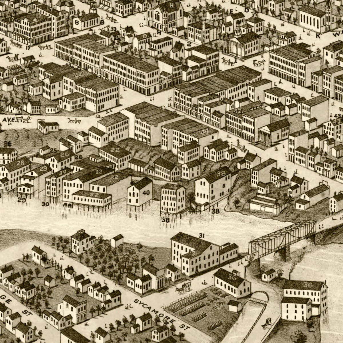 Restored historic details from the 1874 city map of South Bend, Indiana