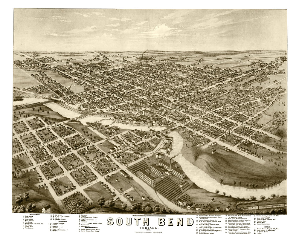 Vintage Map of South Bend, Indiana 1874 print style example