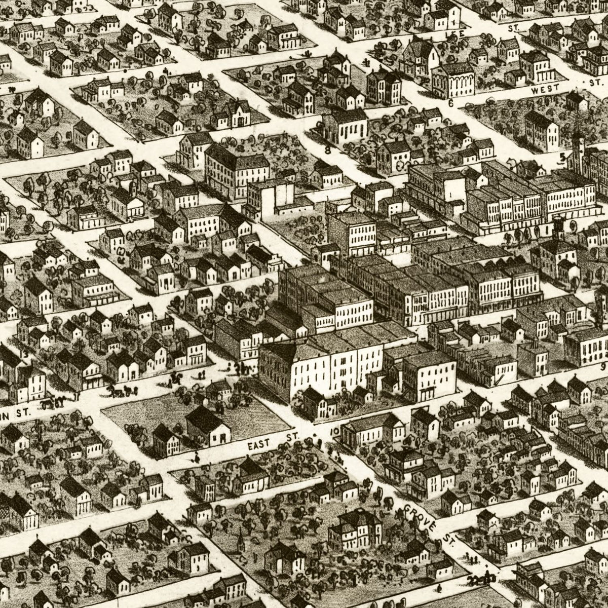 Restored historic details from the 1867 city map of Bloomington, Illinois