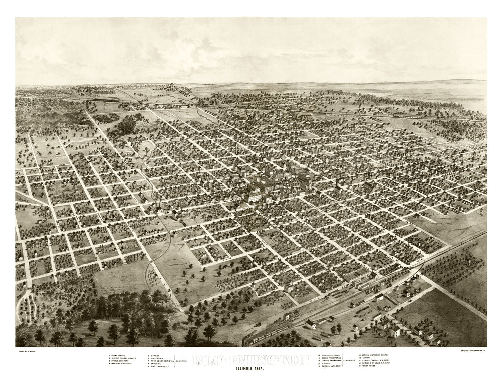 Vintage Map of Bloomington, Illinois 1867 print style example