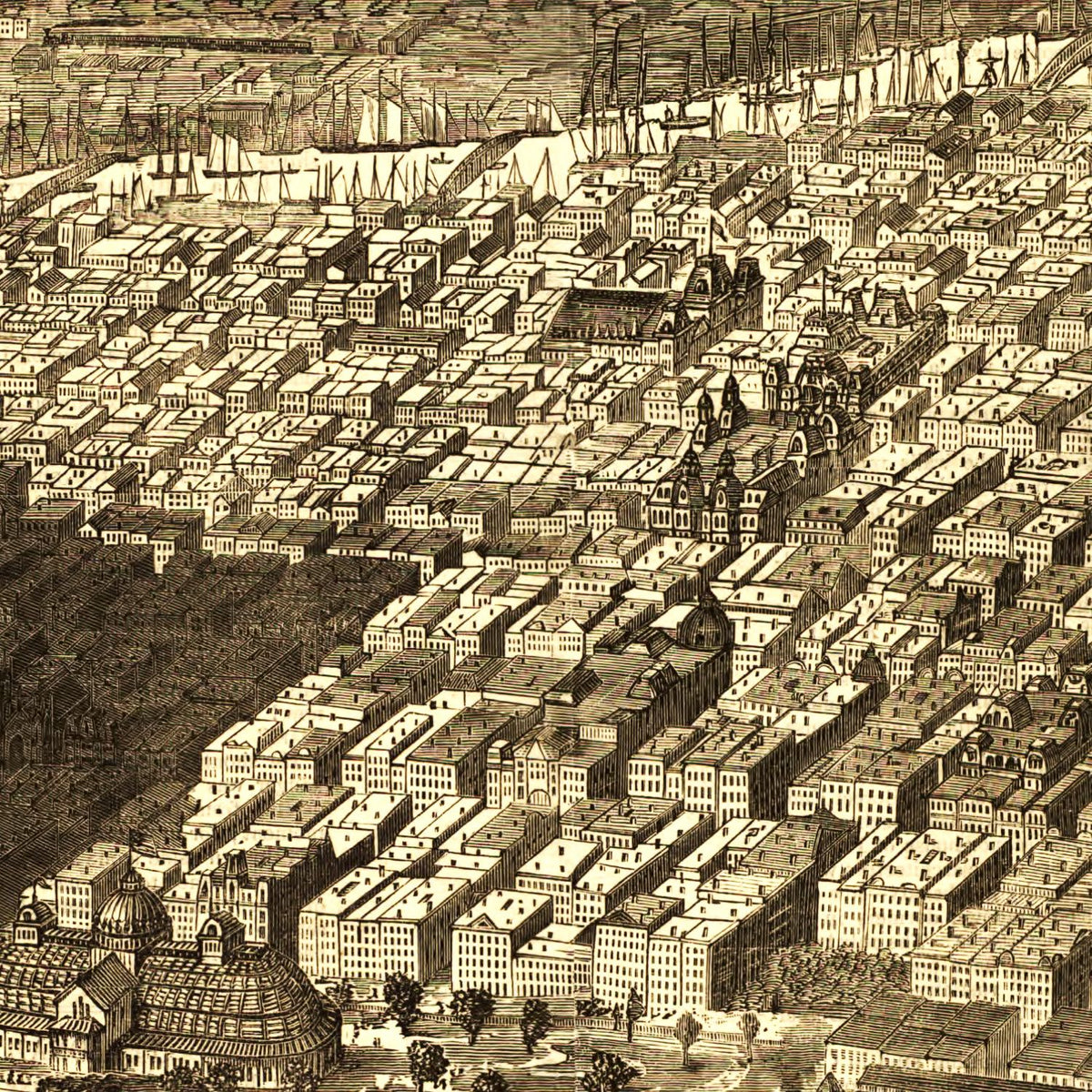 Restored historic details from the 1874 city map of Chicago, Illinois