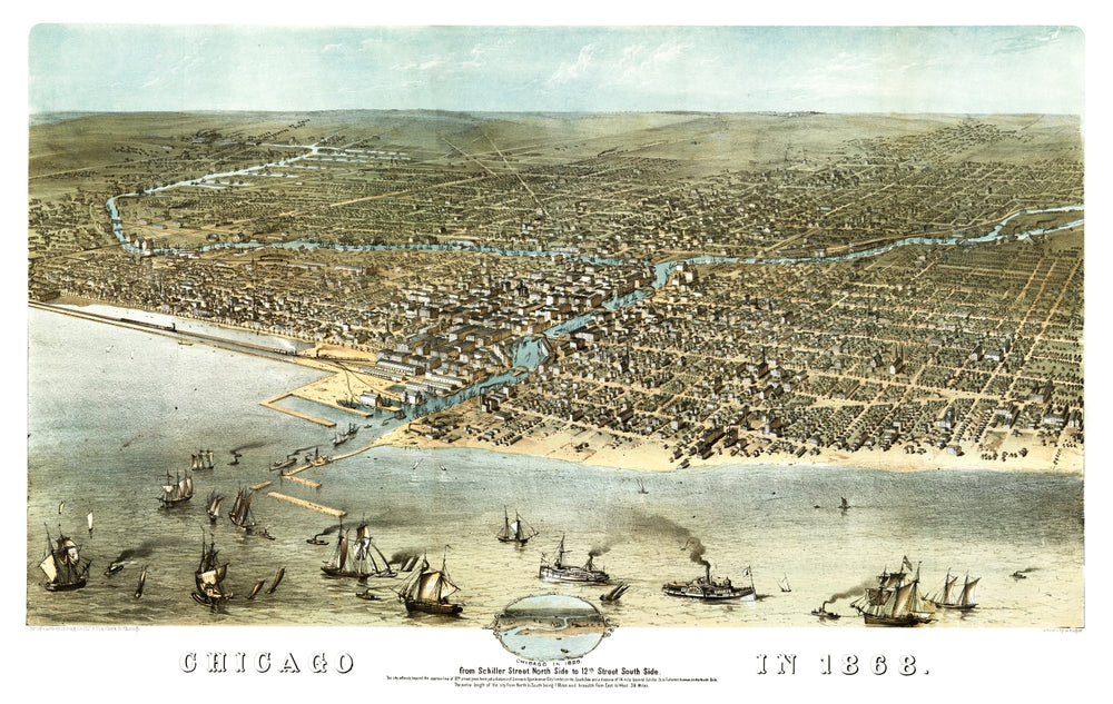 Vintage Map of Chicago, Illinois 1868 print style example